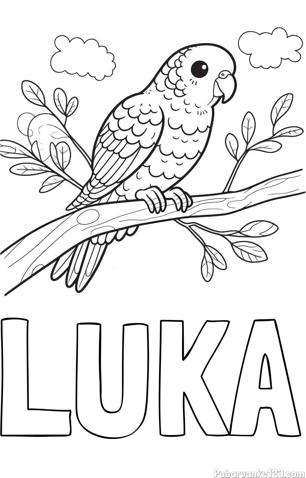 Pobarvanka imena LUKA in pobarvanka ljubkega kanarčka na veji