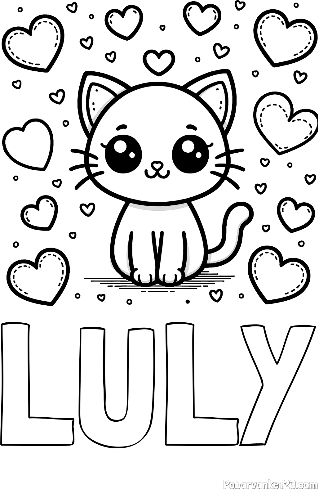 Pobarvanka imena LULY in pobarvanka ljubke mucke obdane z veliko srčki