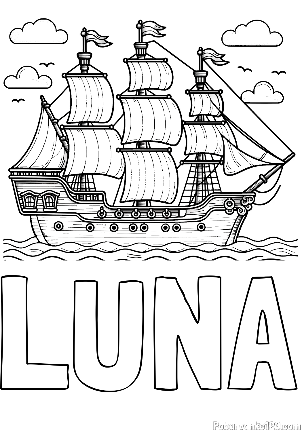 Pobarvanka imena LUNA in pobarvanka stare gusarske ladje