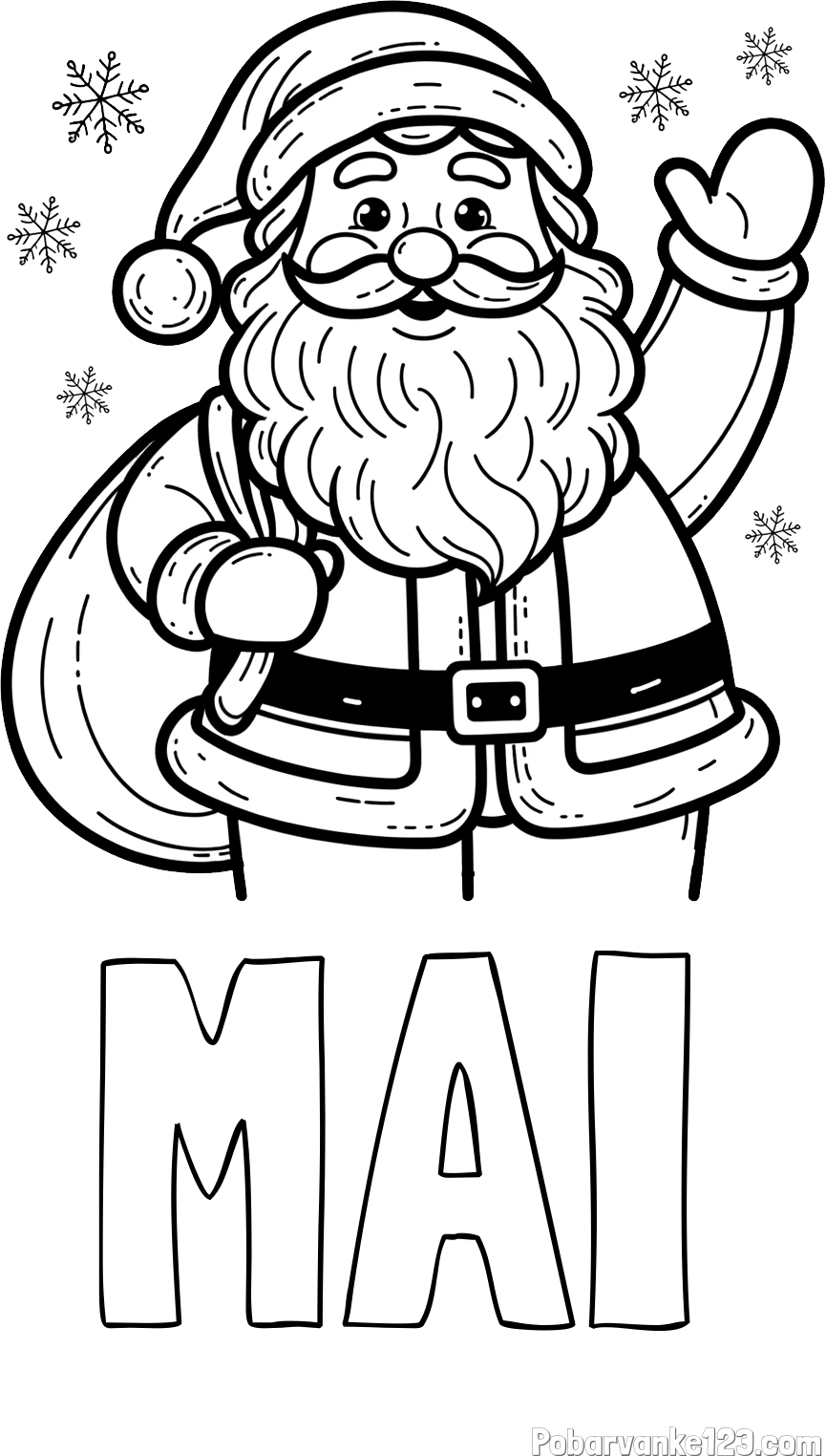 Pobarvanka imena MAI in pobarvanka nasmejanega Božička s polno vrečo daril