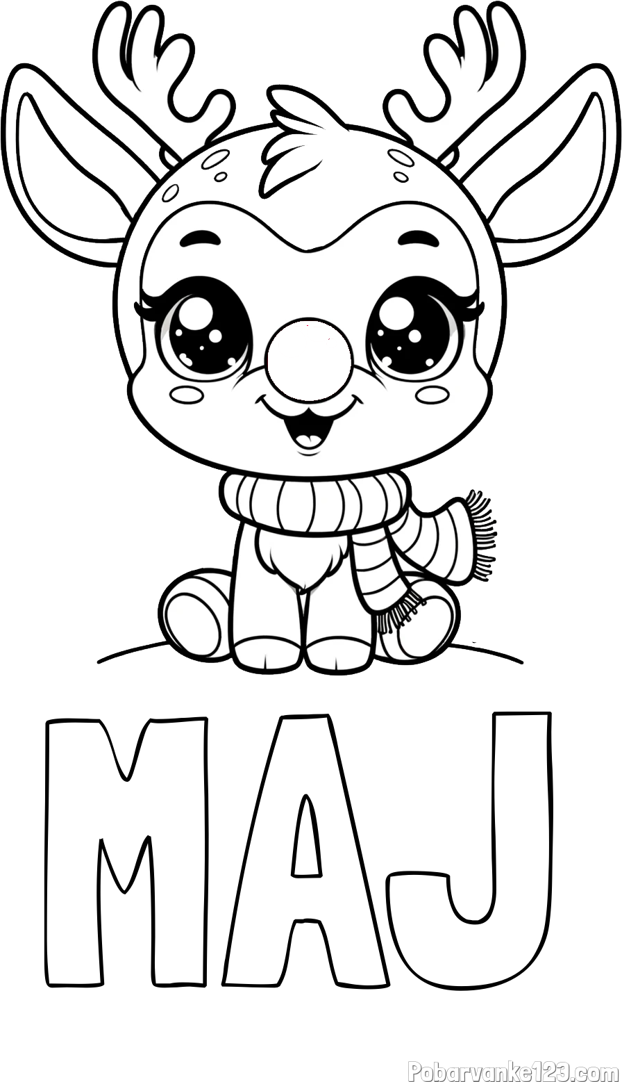 Pobarvanka imena MAJ in otroška pobarvanka jelenčka Rudolfa s šalom okoli vratu