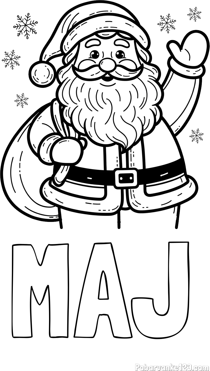 Pobarvanka imena MAJ in pobarvanka nasmejanega Božička s polno vrečo daril