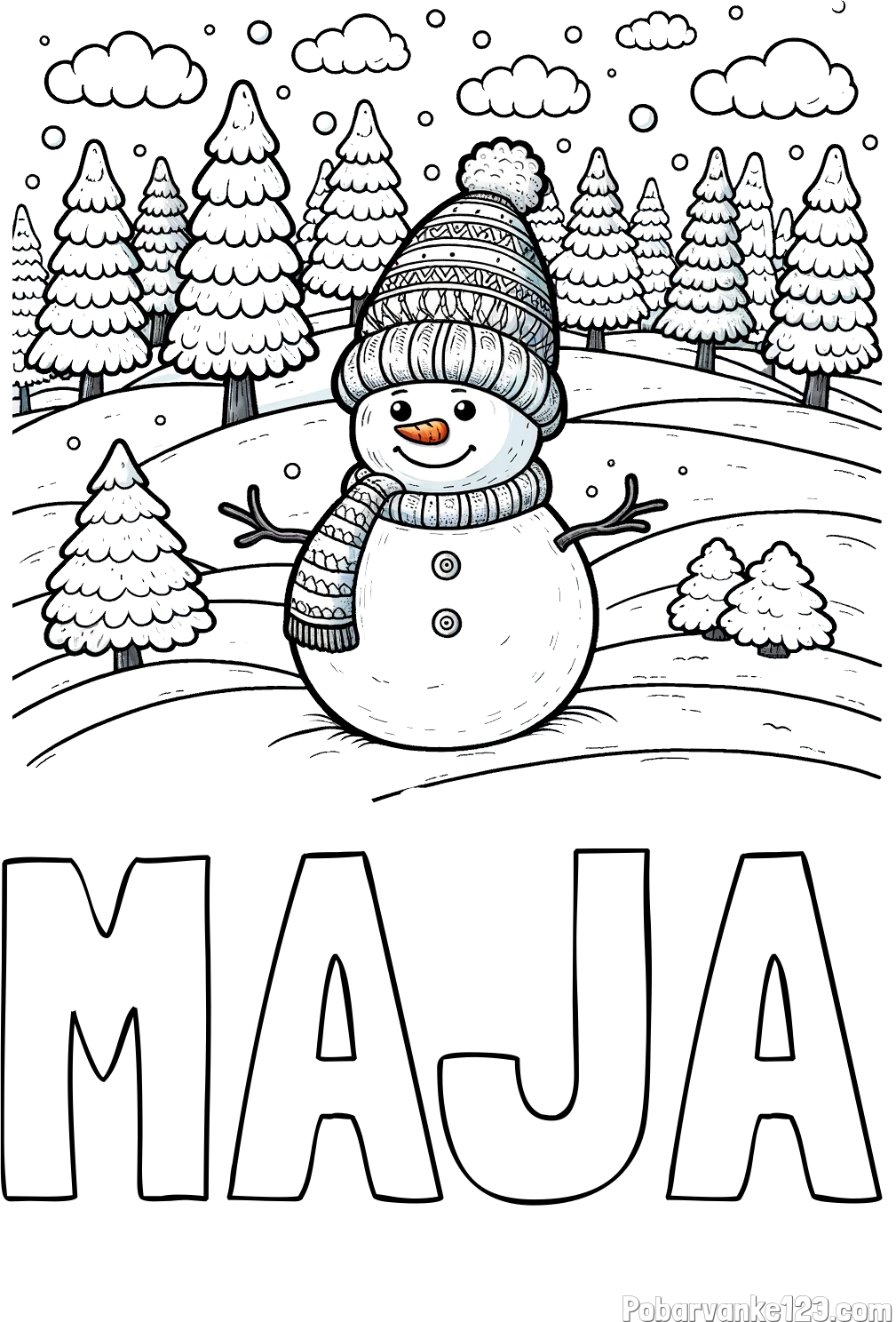 Pobarvanka imena MAJA in pobarvanka snežaka v naravi obdanega z zasneženimi smrekami