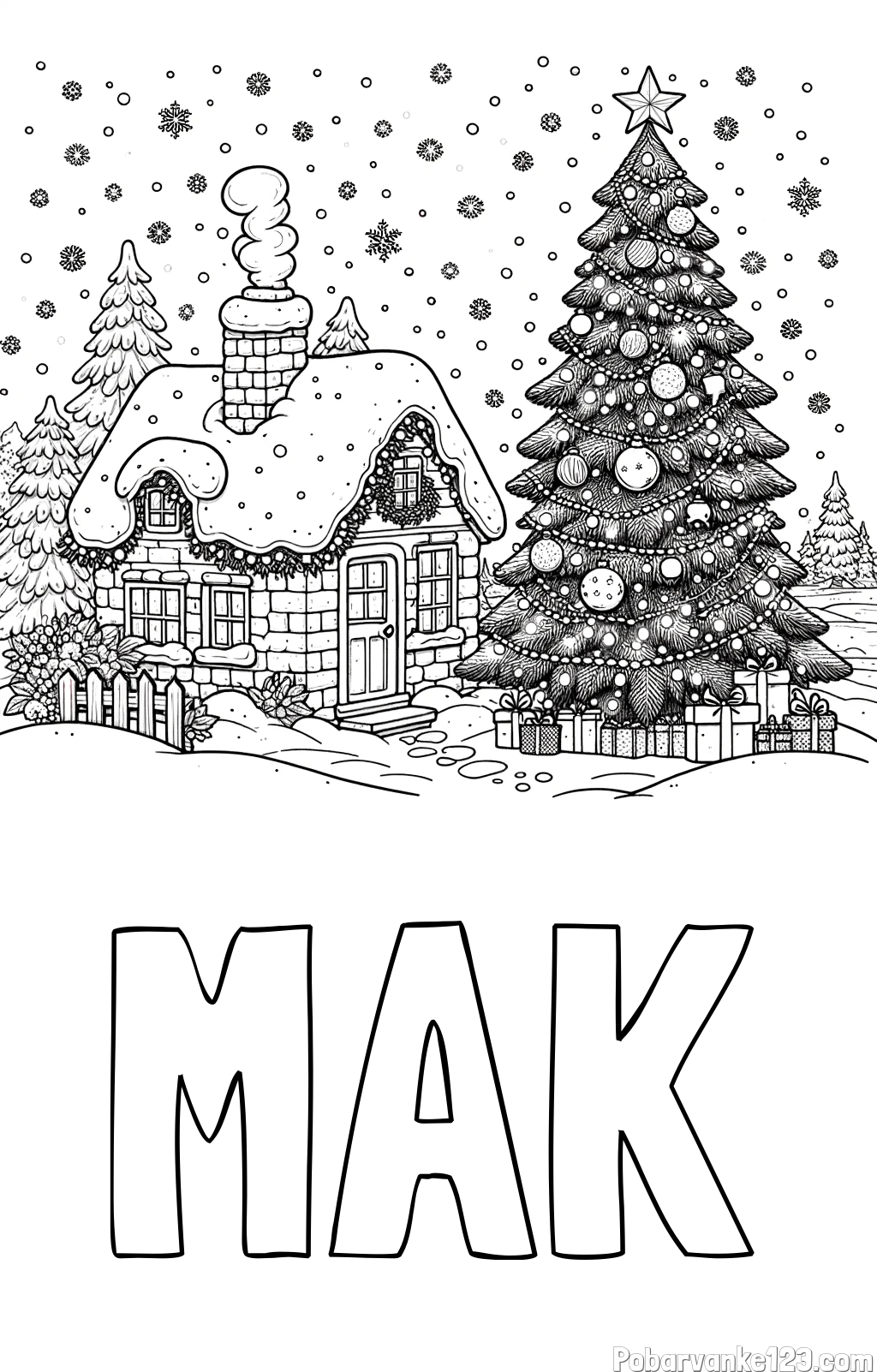 Pobarvanka imena MAK in pobarvanka zasnežene hiške na božično noč