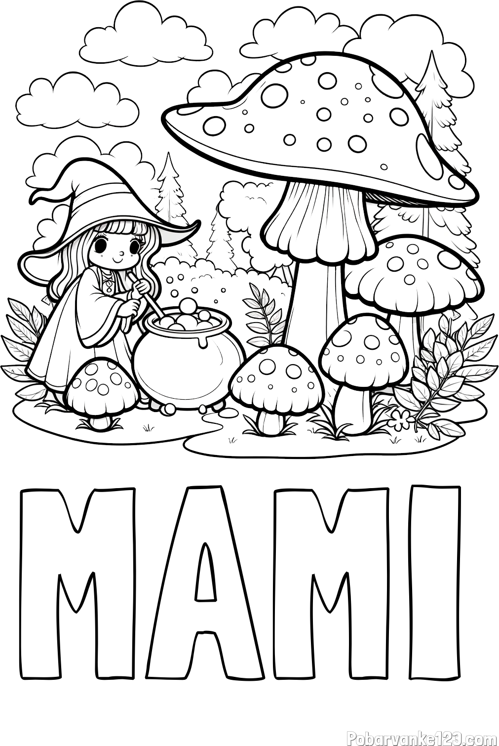 Pobarvanka imena MAMI in pobarvanka čarovnice med gobami