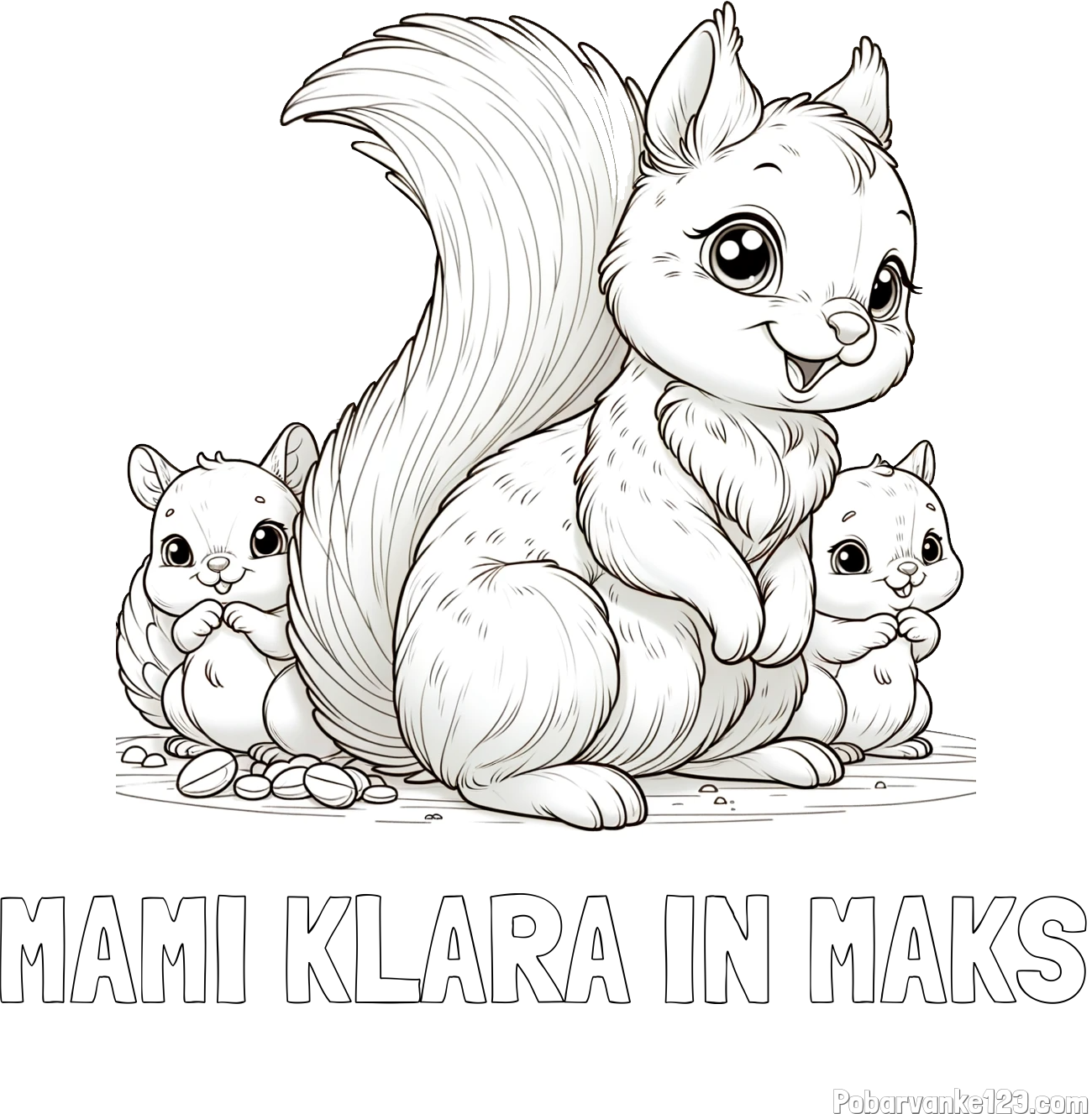 Pobarvanka imena MAMI KLARA IN MAKS in pobarvanka veveričje družine
