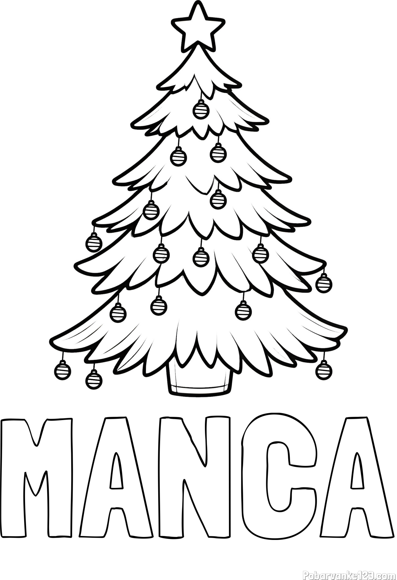 Pobarvanka imena MANCA in pobarvanka božične jelke z božično zvezdico in bunkicami