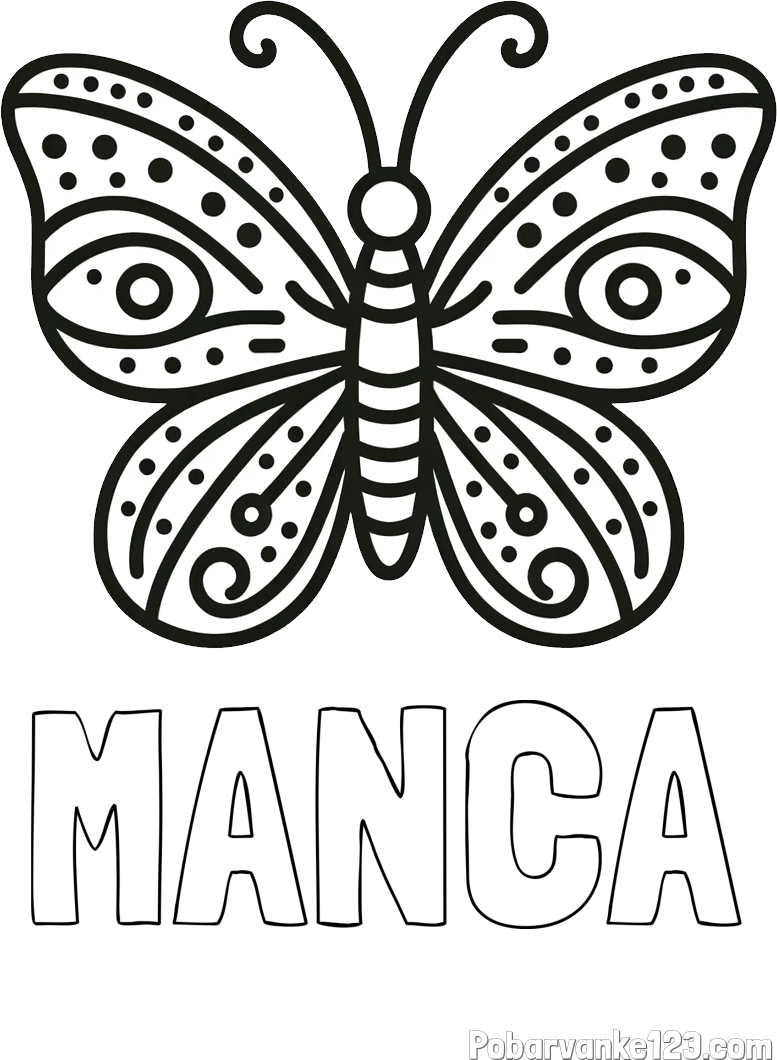 Pobarvanka imena MANCA in preprosta pobarvanka metulja