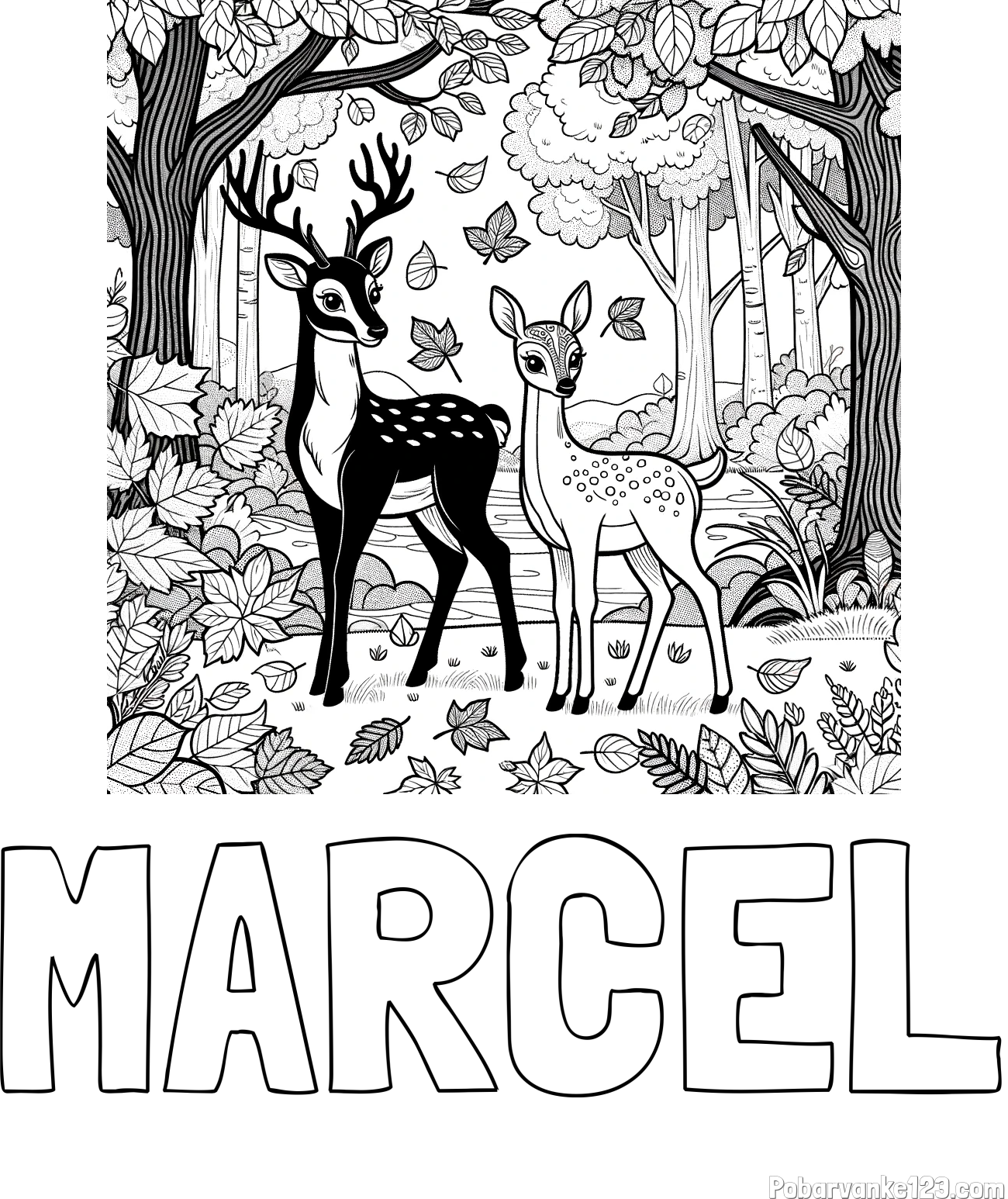 Pobarvanka imena MARCEL in pobarvanka srnice in jelenčka