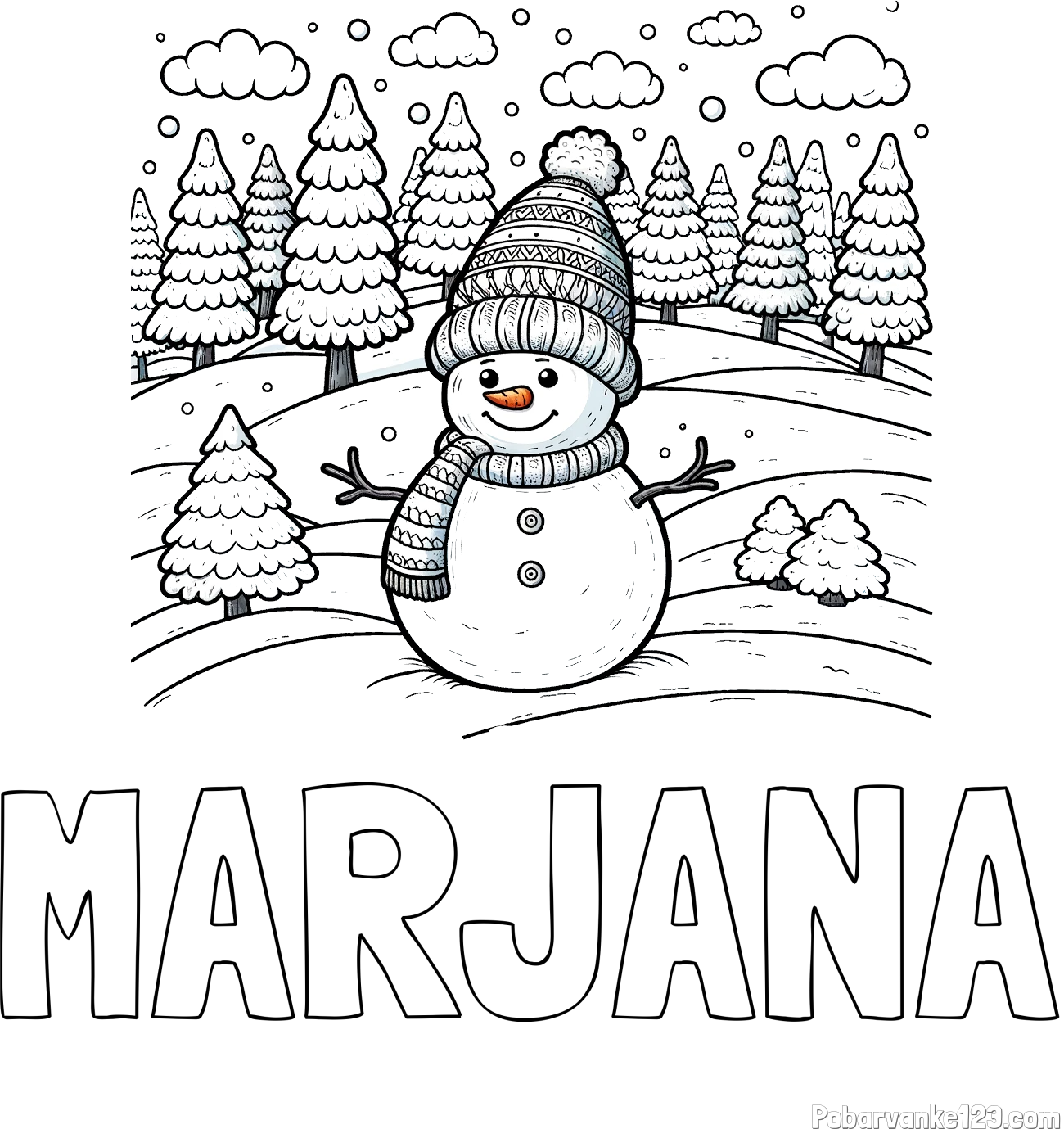 Pobarvanka imena MARJANA in pobarvanka snežaka v naravi obdanega z zasneženimi smrekami