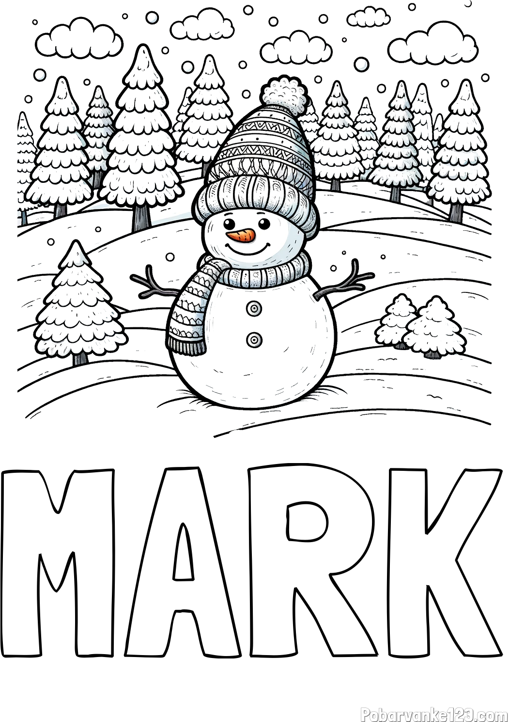 Pobarvanka imena MARK in pobarvanka snežaka v naravi obdanega z zasneženimi smrekami