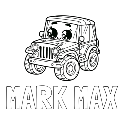 Online izdelana pobarvanka - Pobarvanka imena MARK MAX in otroška pobarvanka nasmejanega jeep-a