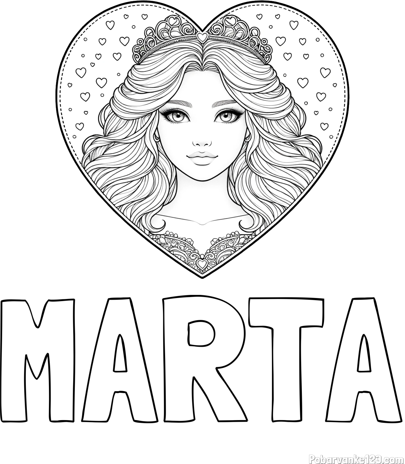 Pobarvanka imena MARTA in pobarvanka ljubke princese v srčku