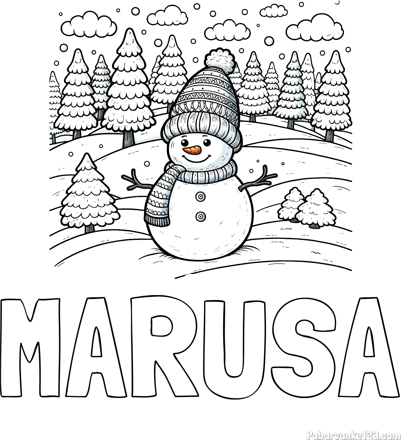 Pobarvanka imena MARUŠA in pobarvanka snežaka v naravi obdanega z zasneženimi smrekami