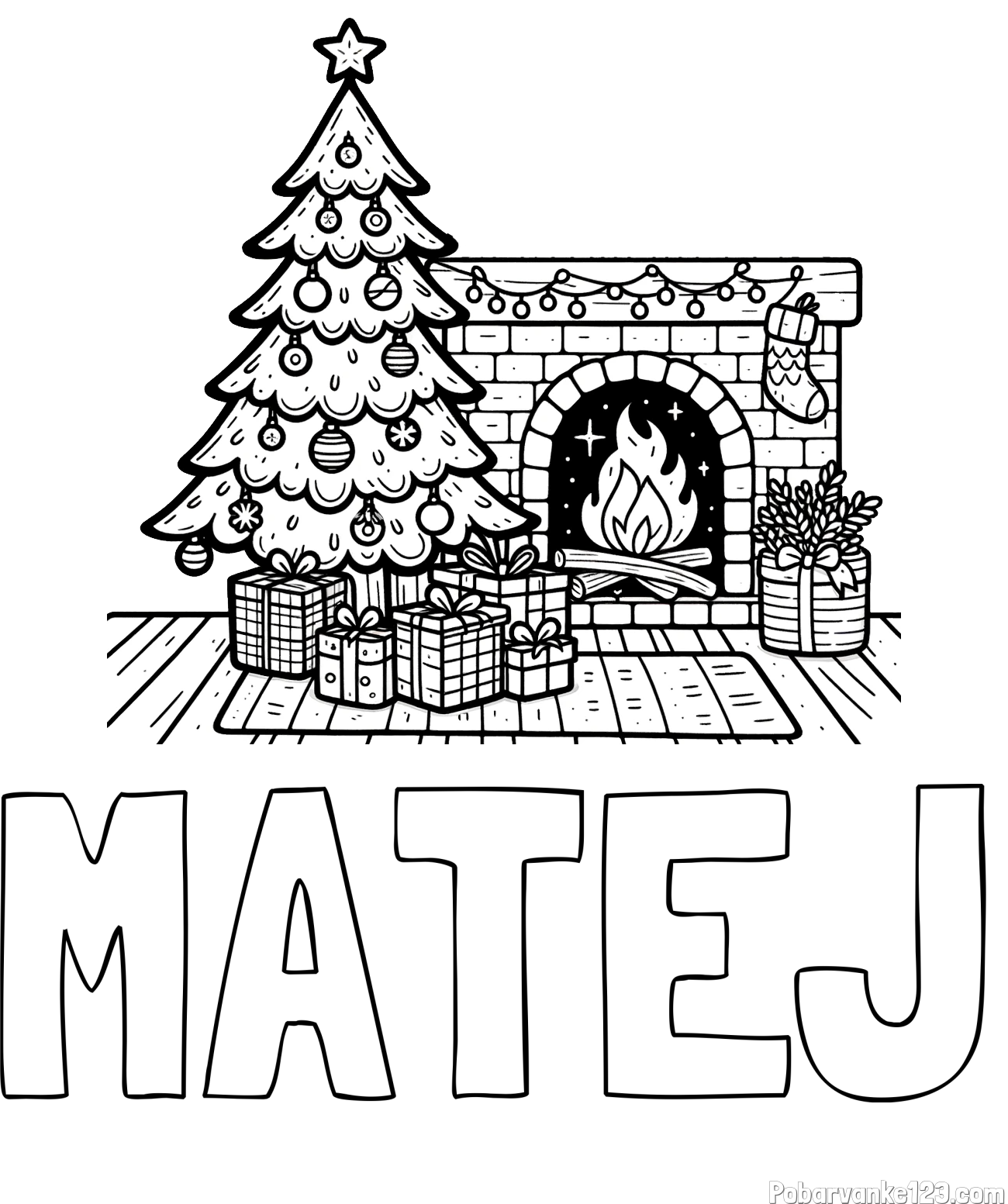 Pobarvanka imena MATEJ in pobarvanka božične noči z božično smrečico, darili ter kaminom