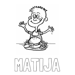 Online izdelana pobarvanka - Pobarvanka imena MATIJA in pobarvanka otroka, ki je slastni hamburger z ocvrtim krompirčkom