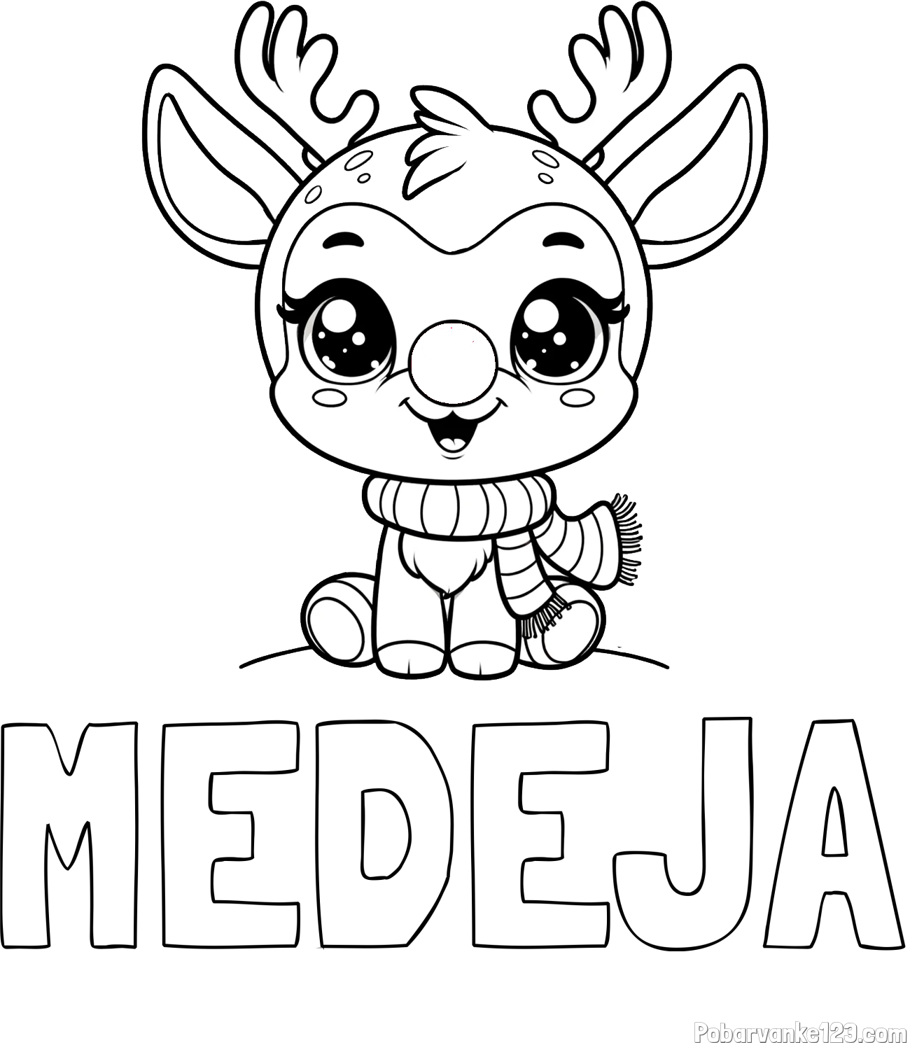 Pobarvanka imena MEDEJA in otroška pobarvanka jelenčka Rudolfa s šalom okoli vratu