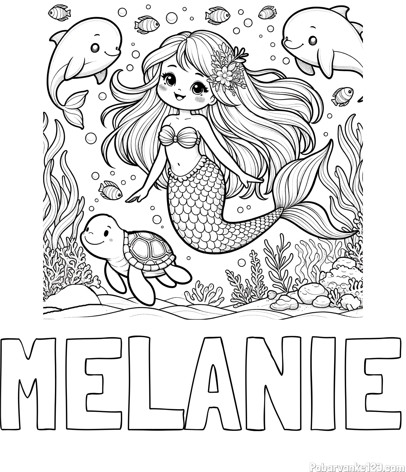 Pobarvanka imena MELANIE in pobarvana ljubke morske deklice s prijatelji