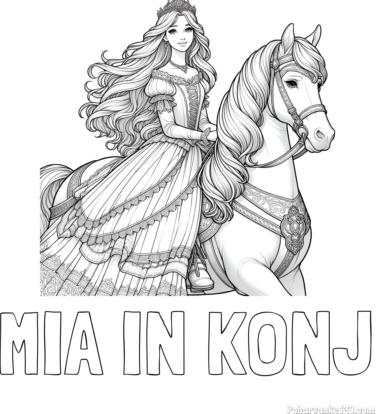 Pobarvanka imena MIA IN KONJ in pobarvanka nasmejana princese na konju