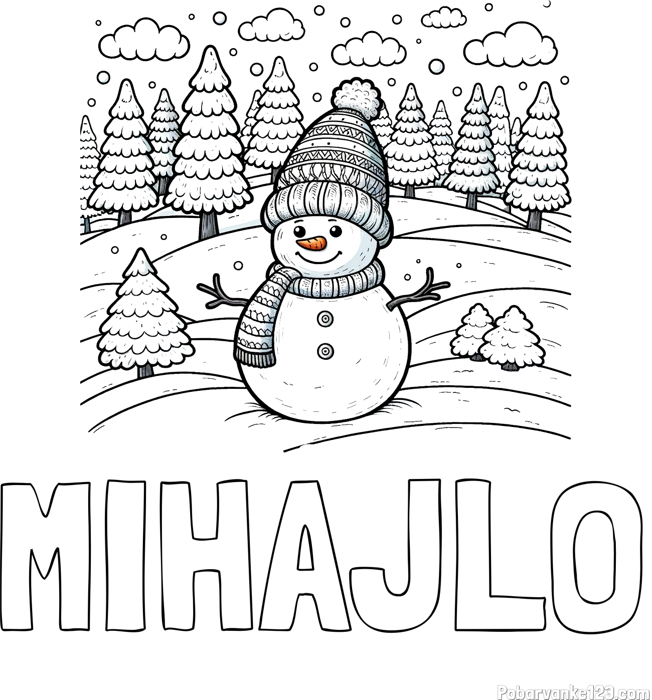 Pobarvanka imena MIHAJLO in pobarvanka snežaka v naravi obdanega z zasneženimi smrekami
