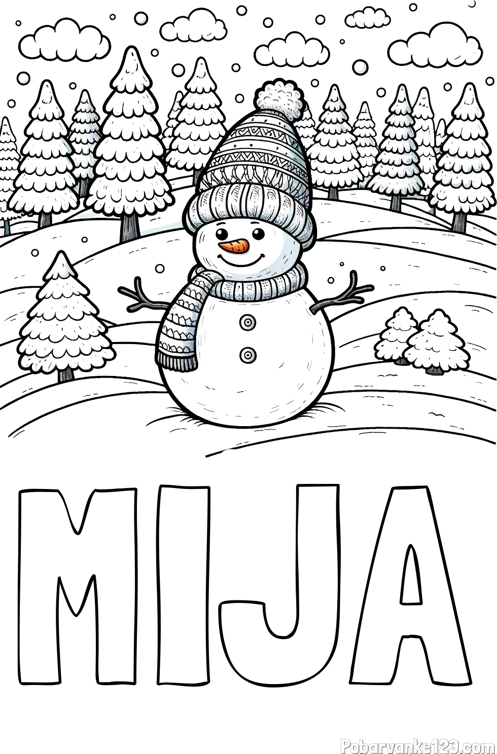 Pobarvanka imena MIJA in pobarvanka snežaka v naravi obdanega z zasneženimi smrekami