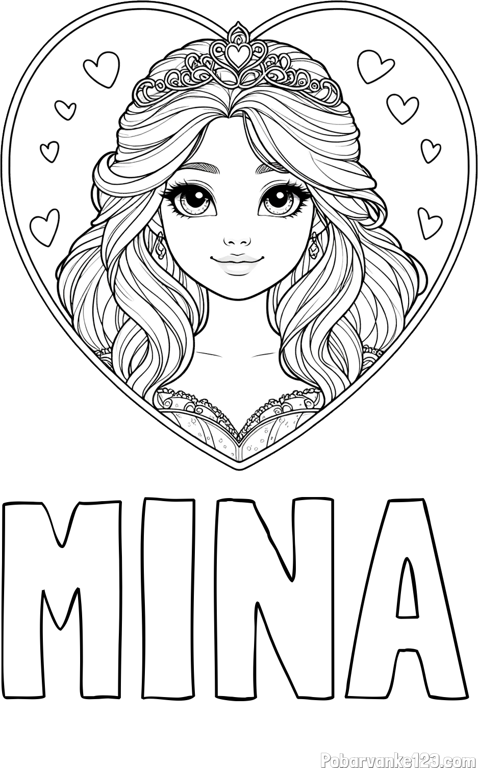 Pobarvanka imena MINA in pobarvanka princeske ter srčkov