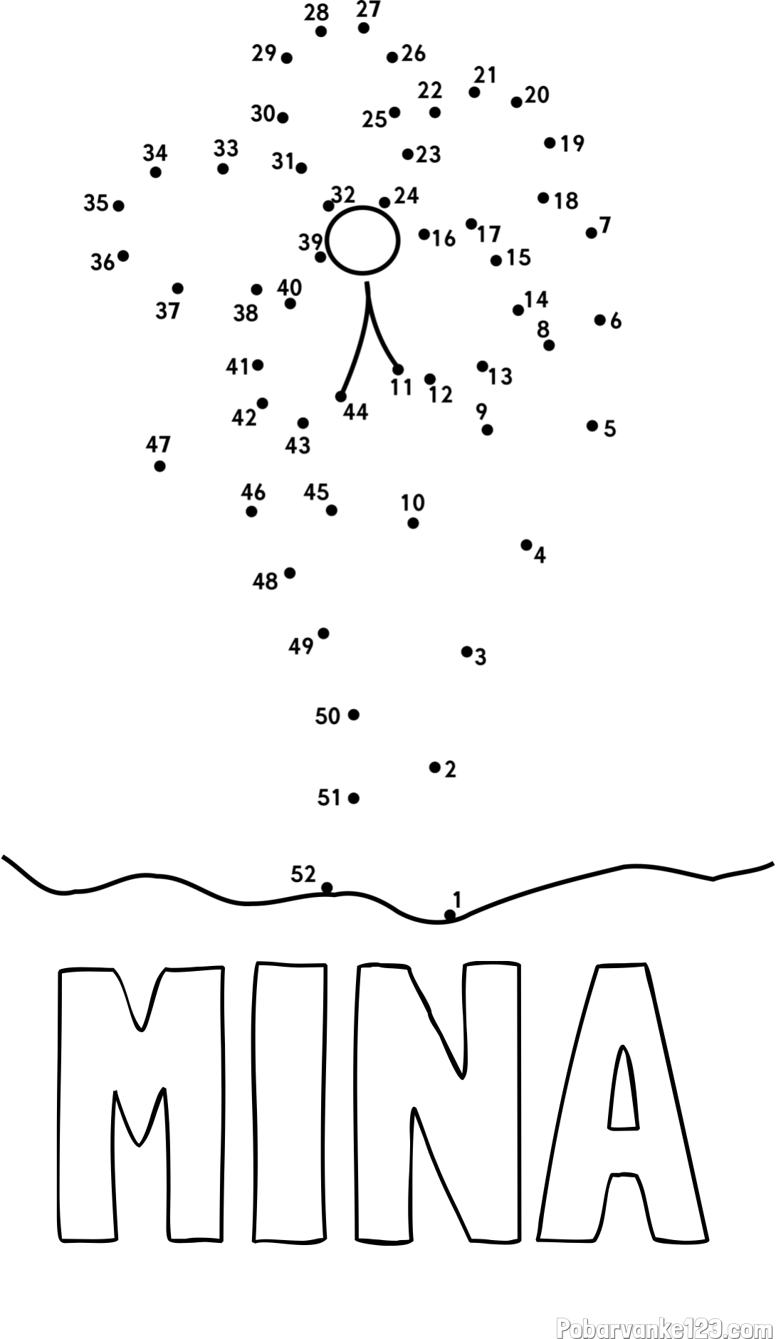 Pobarvanka imena MINA in pobarvanka rože - poveži številke