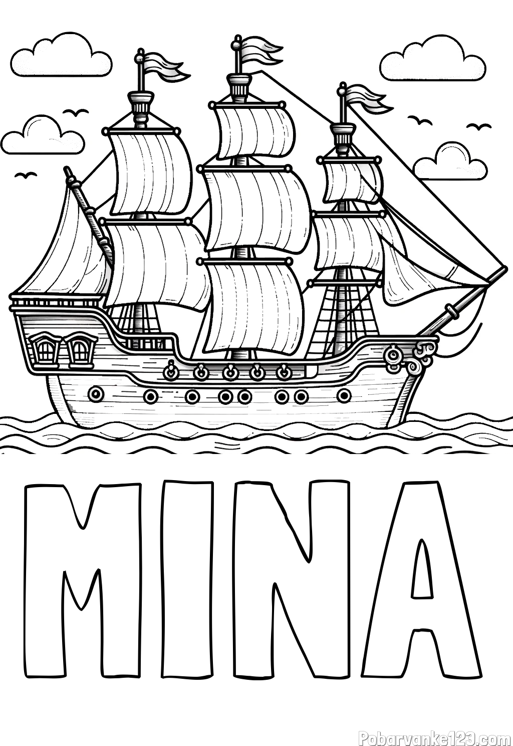 Pobarvanka imena MINA in pobarvanka stare gusarske ladje