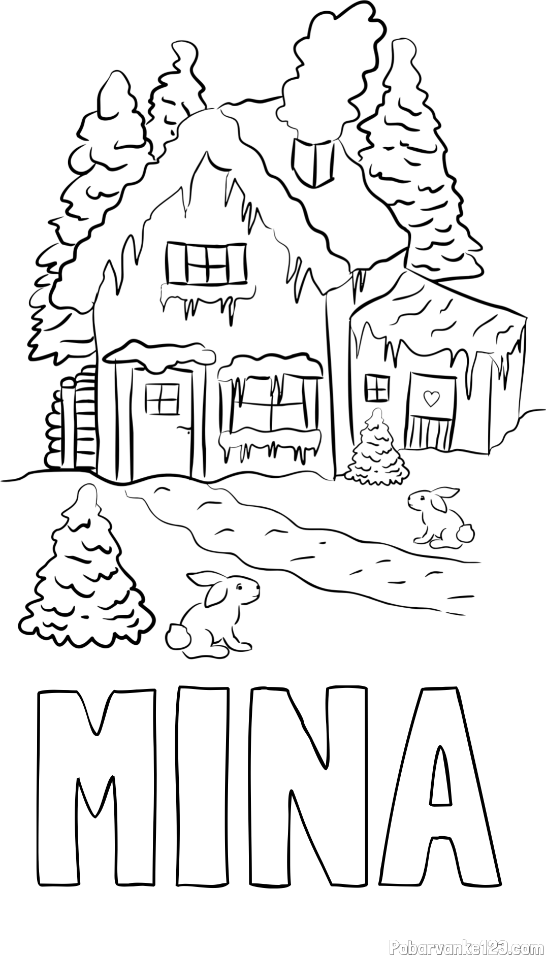 Pobarvanka imena MINA in pobarvanka zasnežene hiše
