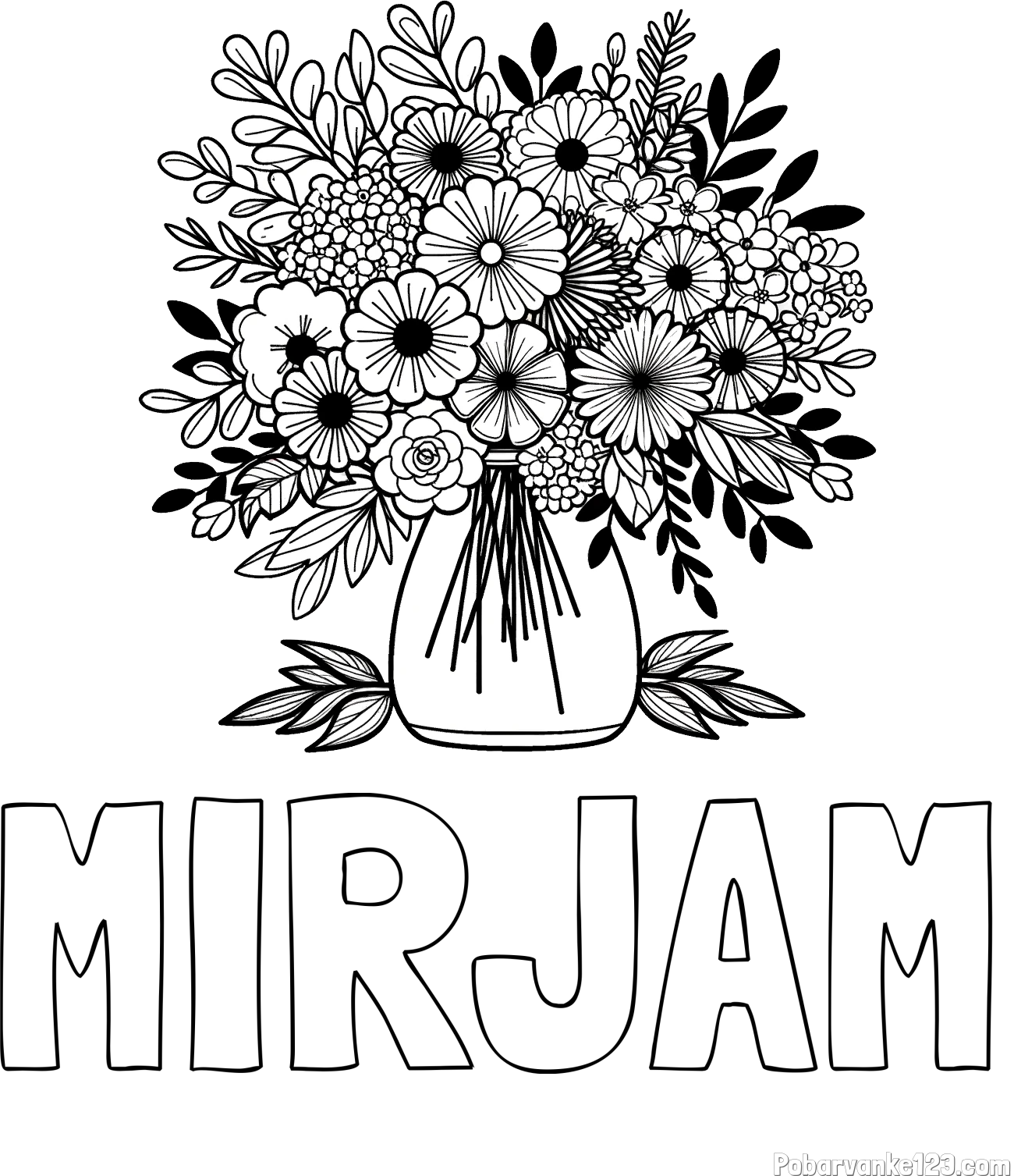 Pobarvanka imena MIRJAM in pobarvanka veliekga šopka rož