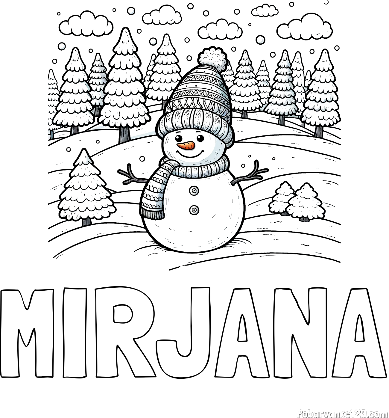 Pobarvanka imena MIRJANA in pobarvanka snežaka v naravi obdanega z zasneženimi smrekami