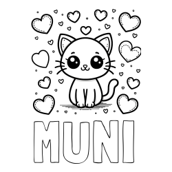 Pobarvanka imena MUNI in pobarvanka ljubke mucke obdane z veliko srčki