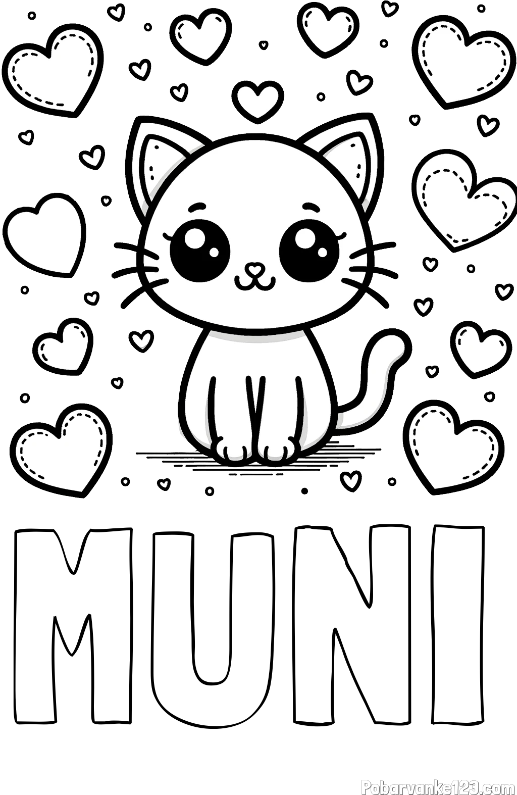 Pobarvanka imena MUNI in pobarvanka ljubke mucke obdane z veliko srčki