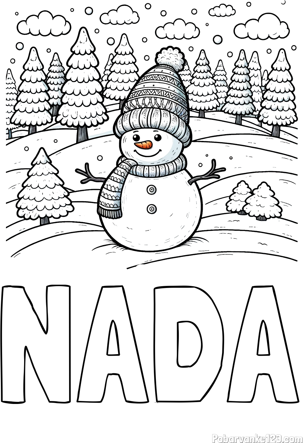 Pobarvanka imena НАЂА in pobarvanka snežaka v naravi obdanega z zasneženimi smrekami