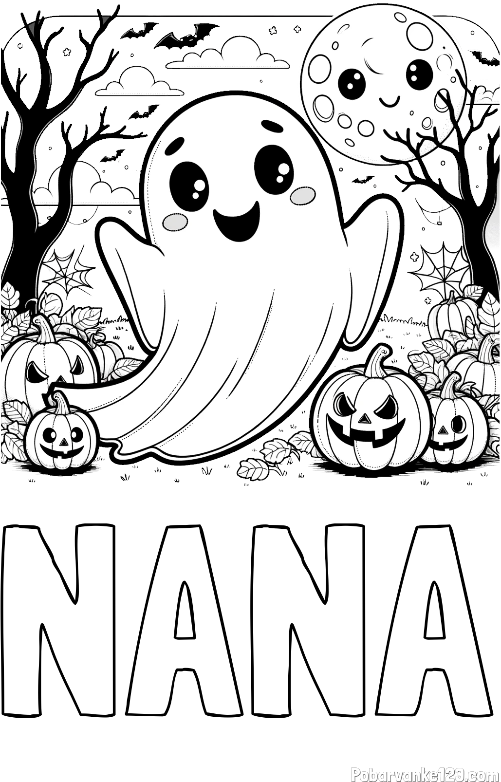 Pobarvanka imena NANA in pobarvanka ljubkega duhca in buč za noč čarovnic