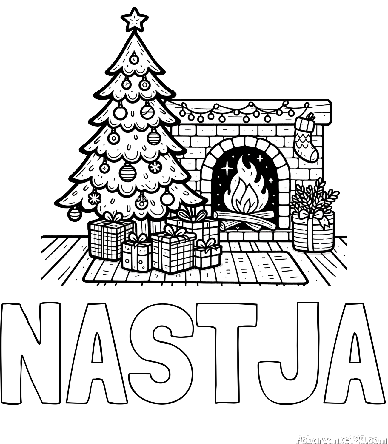 Pobarvanka imena NASTJA in pobarvanka božične noči z božično smrečico, darili ter kaminom
