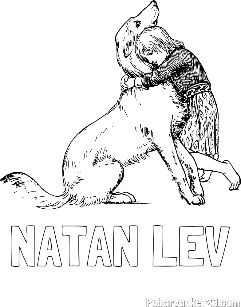 Pobarvanka imena NATAN LEV in pobarvanka prikupnega kužka, ki ga objema mala deklica