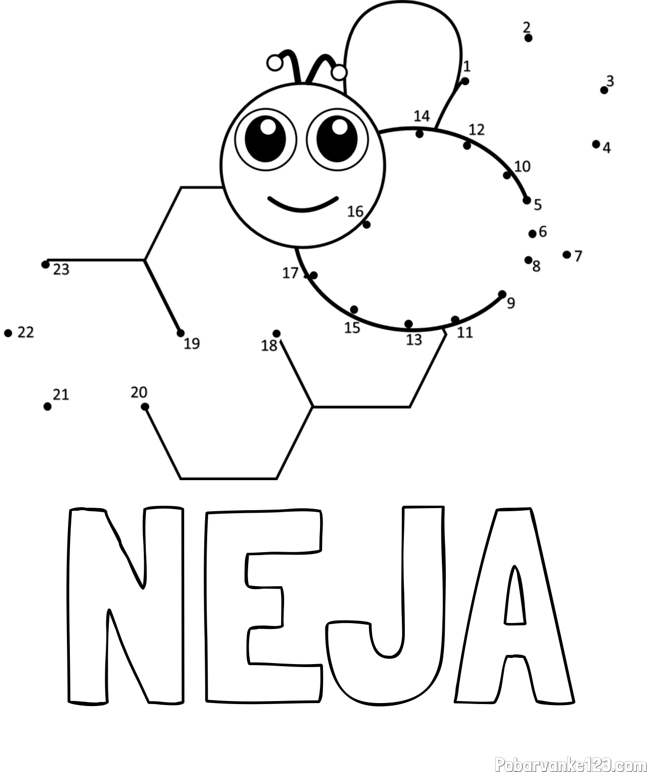 Pobarvanka imena NEJA in pobarvanka čebelice in satja - poveži številke