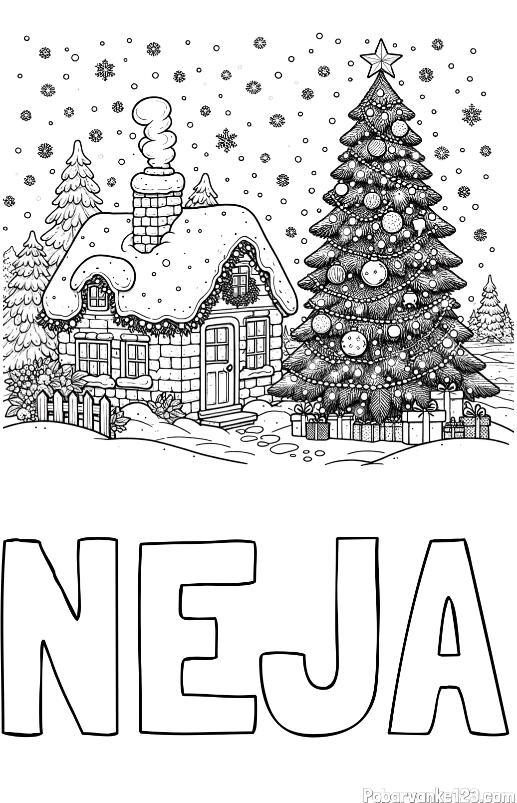 Pobarvanka imena NEJA in pobarvanka zasnežene hiške na božično noč
