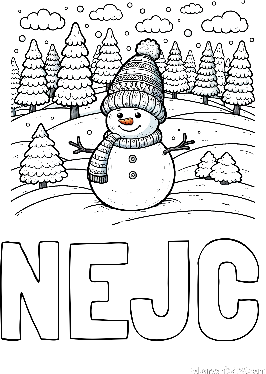 Pobarvanka imena NEJC in pobarvanka snežaka v naravi obdanega z zasneženimi smrekami