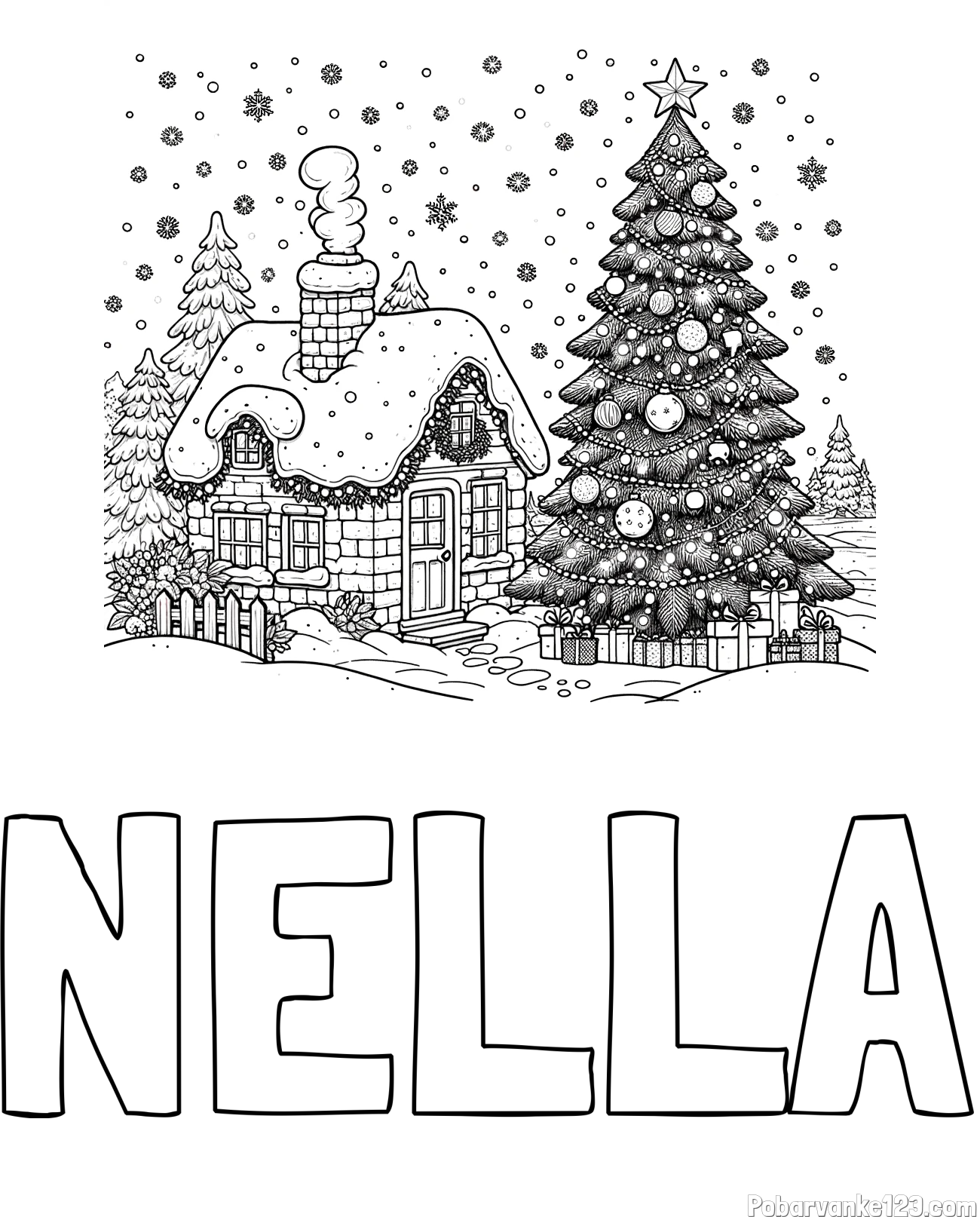 Pobarvanka imena NELLA in pobarvanka zasnežene hiške na božično noč