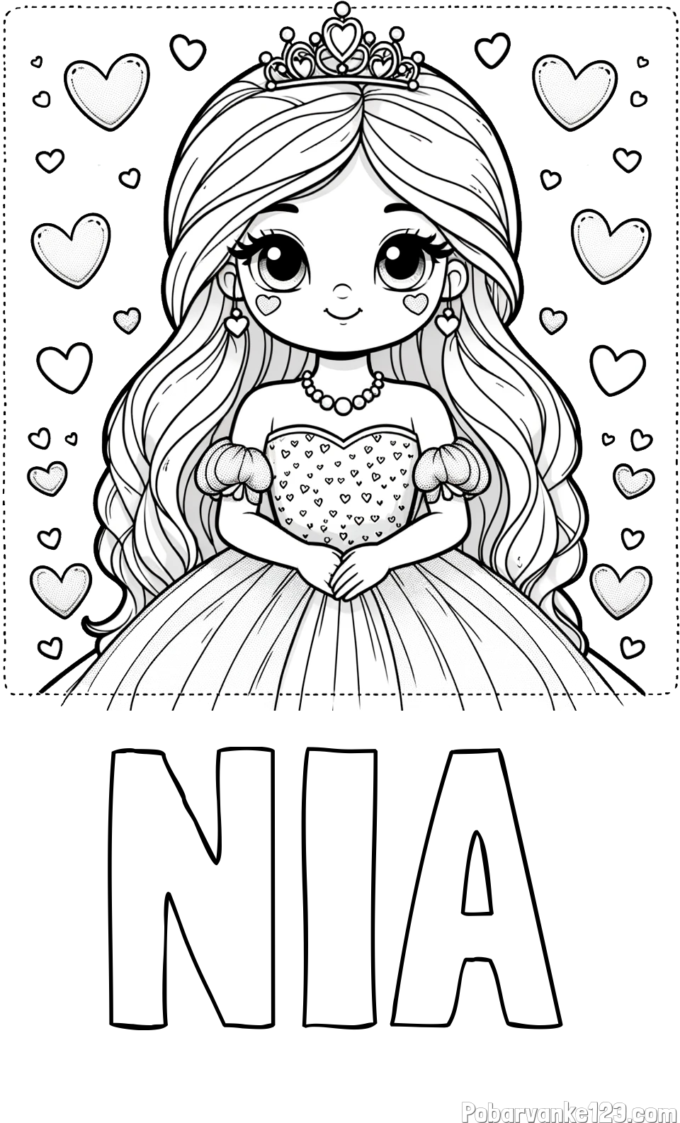Pobarvanka imena NIA in pobarvanka ljubke princese obdane s srčki