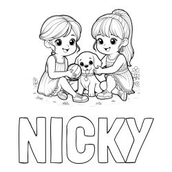 Online izdelana pobarvanka - Pobarvanka imena NICKY in pobarvanka prijateljic s kužkom