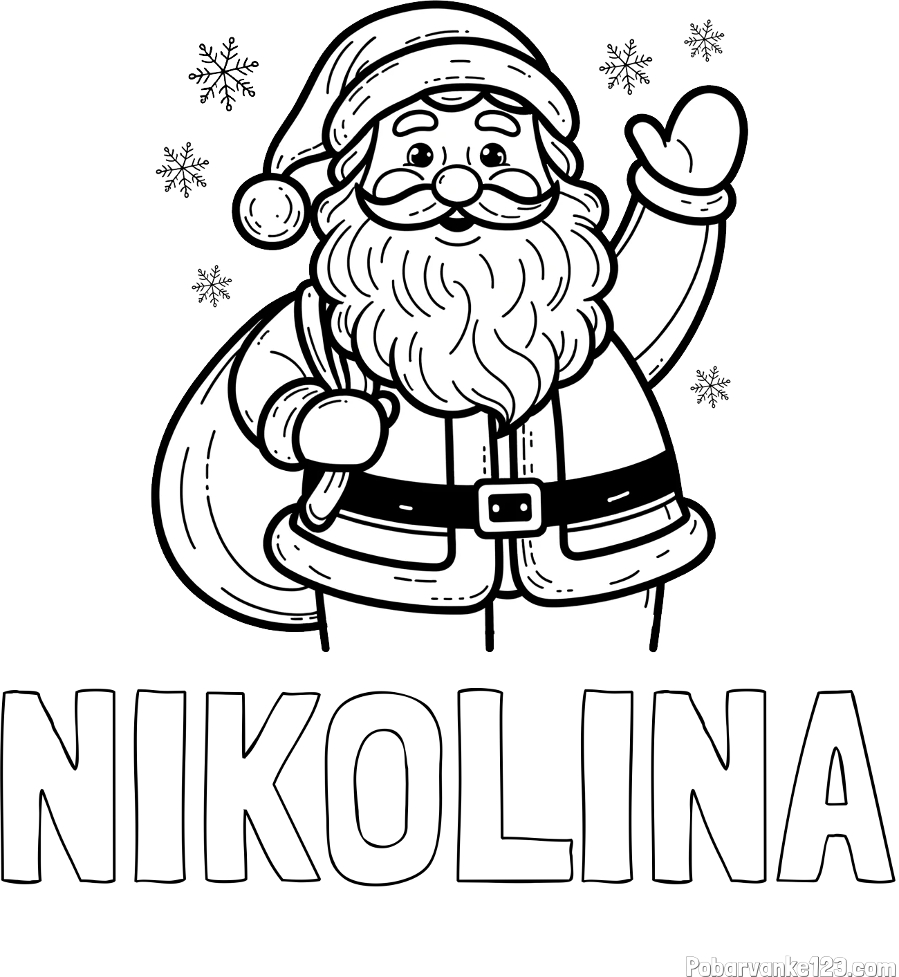 Pobarvanka imena NIKOLINA in pobarvanka nasmejanega Božička s polno vrečo daril