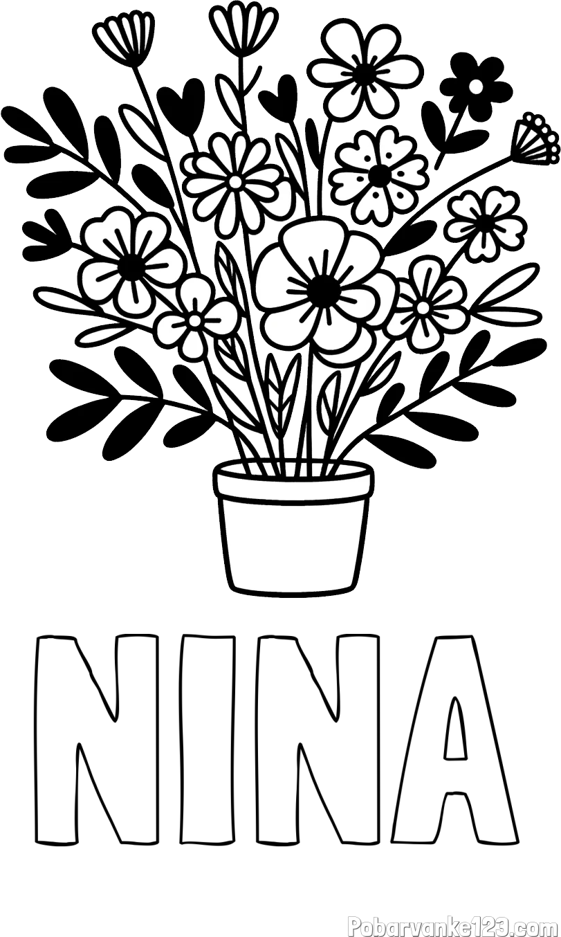 Pobarvanka imena NINA in pobarvanka rož v cvetličnem loncu