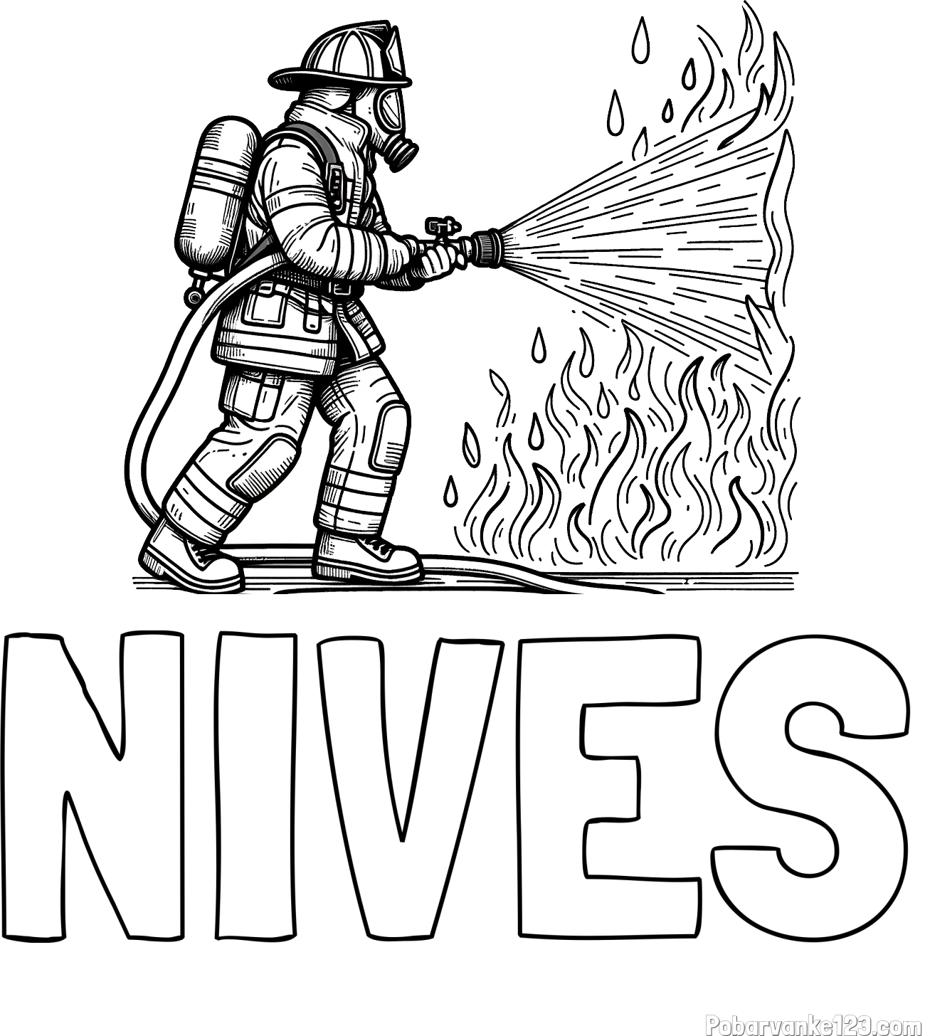 Pobarvanka imena NIVES in pobarvanka gasilca pri gašenju požara