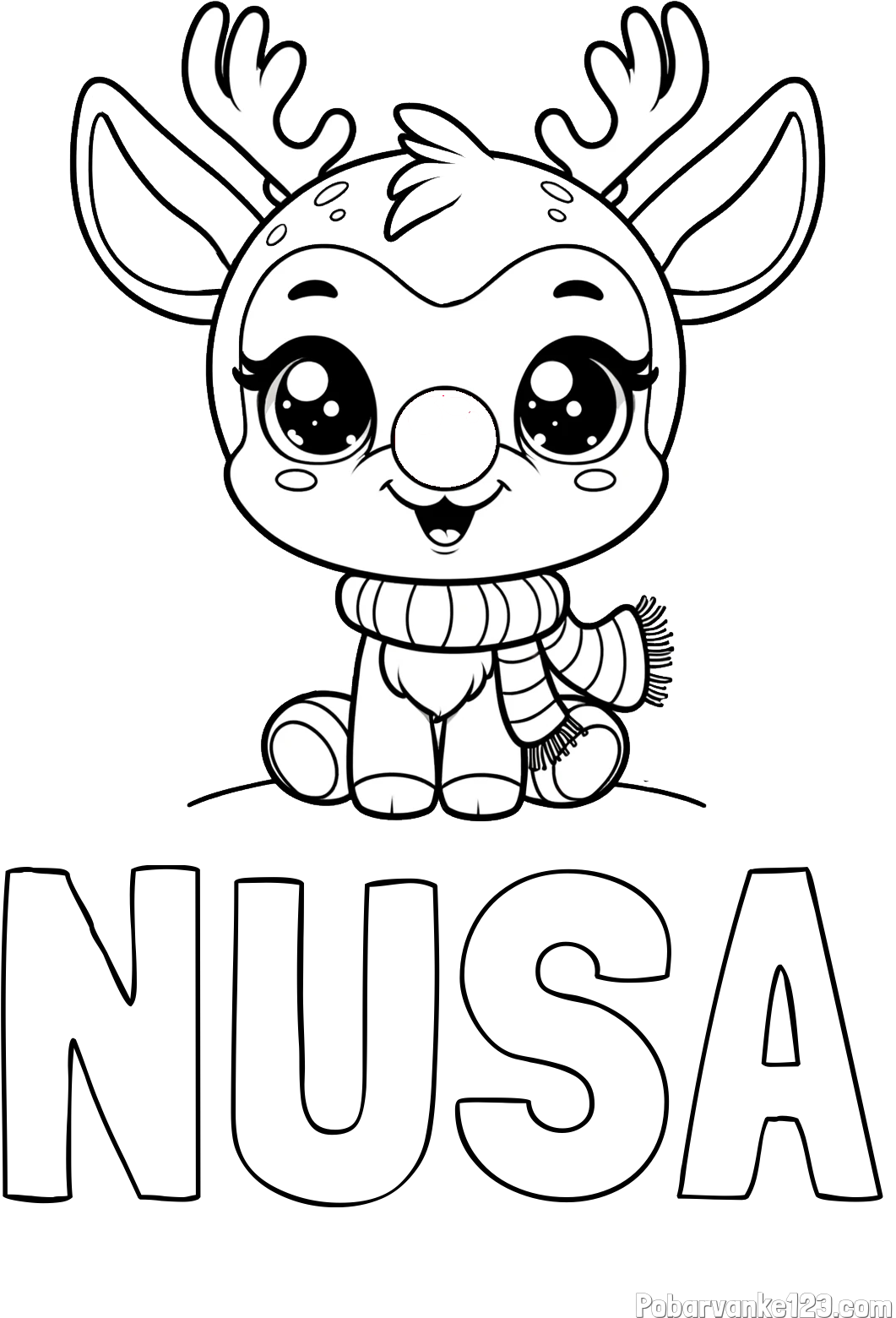 Pobarvanka imena NUŠA in otroška pobarvanka jelenčka Rudolfa s šalom okoli vratu