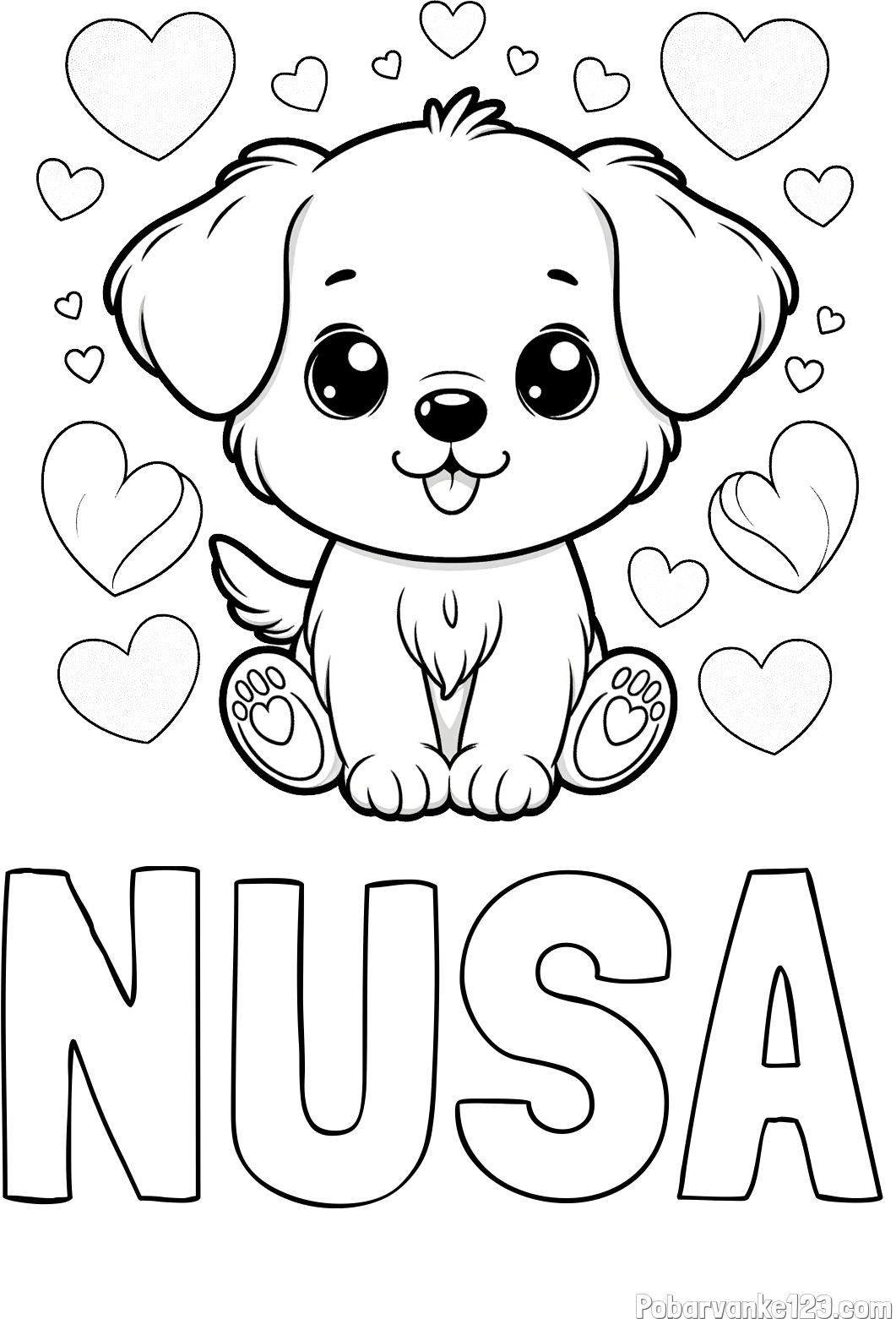 Pobarvanka imena NUŠA in pobarvanka ljubkega kužka obdanega s srčki