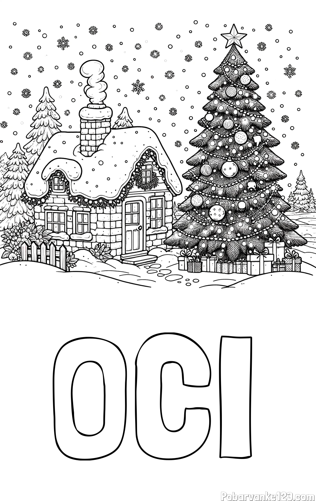 Pobarvanka imena OČI in pobarvanka zasnežene hiške na božično noč