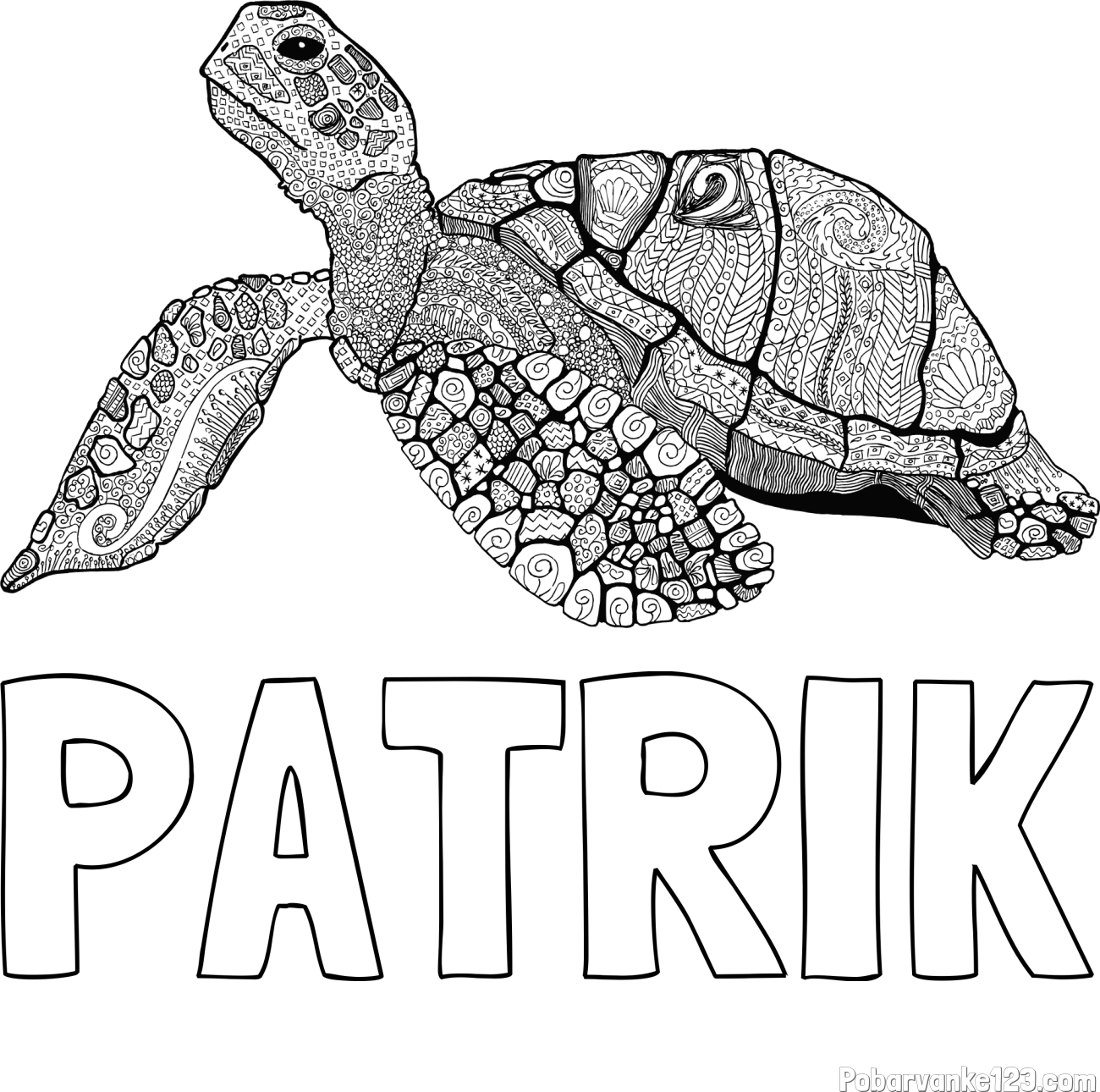 Pobarvanka imena PATRIK in pobarvanka velike želve - mandale